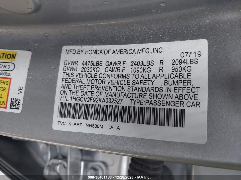 2019 HONDA ACCORD TOURING - 1HGCV2F92KA032527