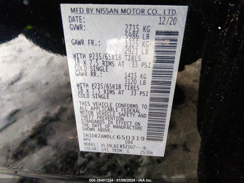 VIN 5N1DR2AM0LC650319 2020 NISSAN PATHFINDER S