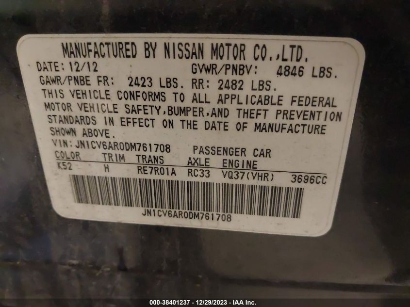 2013 INFINITI G37X JN1CV6AR0DM761708
