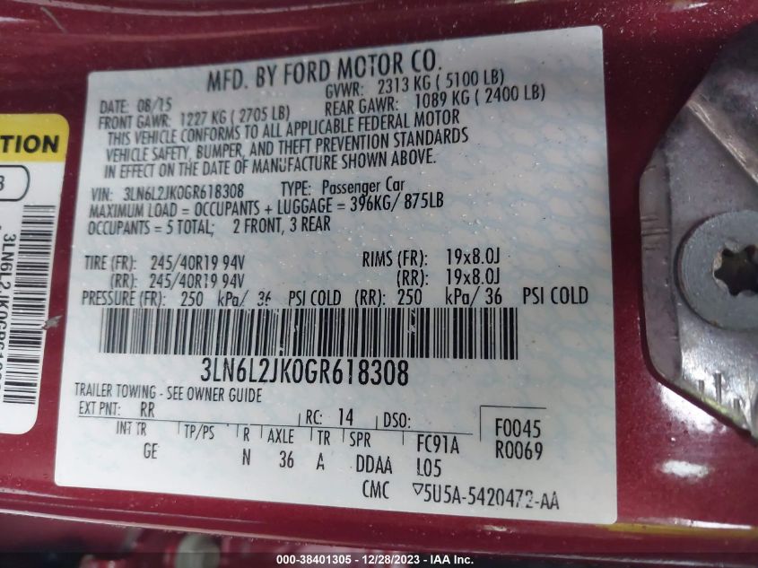 2016 LINCOLN MKZ - 3LN6L2JK0GR618308