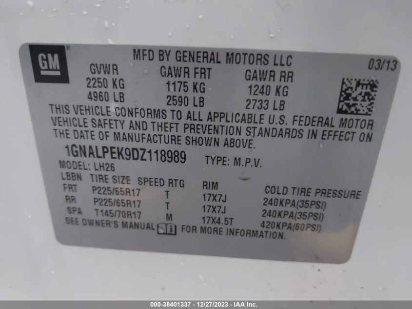 2013 CHEVROLET EQUINOX 2LT - 1GNALPEK9DZ118989