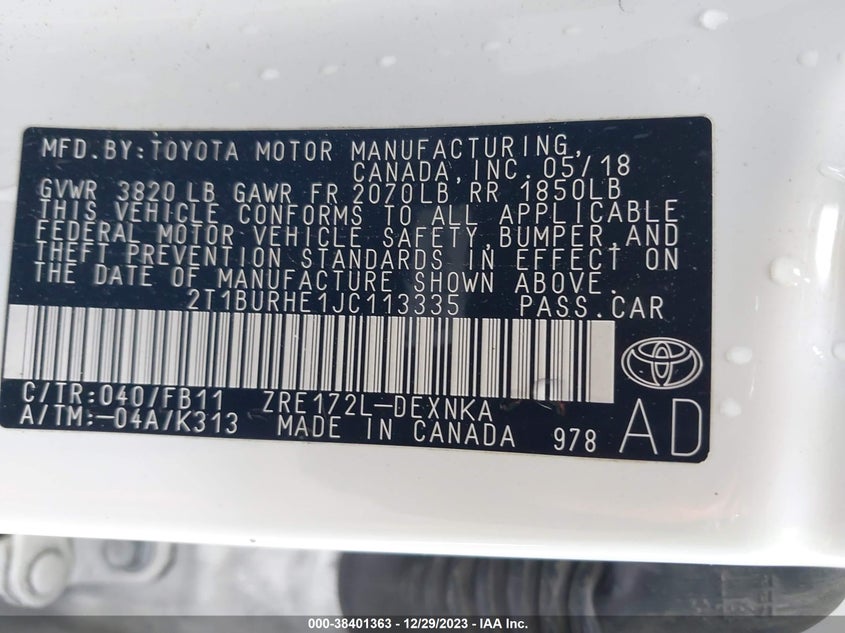 VIN 2T1BURHE1JC113335 2018 TOYOTA COROLLA LE