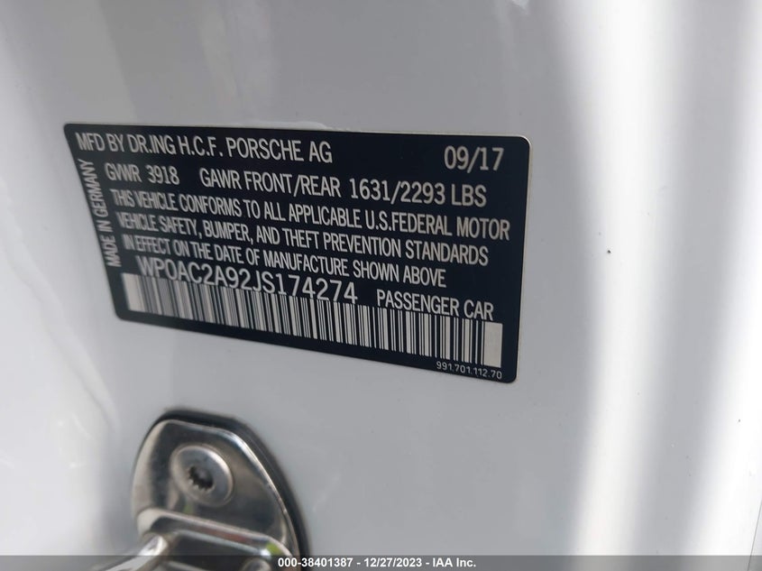 VIN WP0AC2A92JS174274 2018 PORSCHE 911 GT3