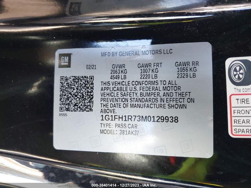 2021 CHEVROLET CAMARO SS - 1G1FH1R73M0129938