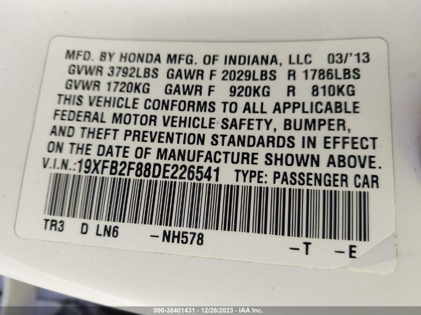 2013 HONDA CIVIC EX - 19XFB2F88DE226541
