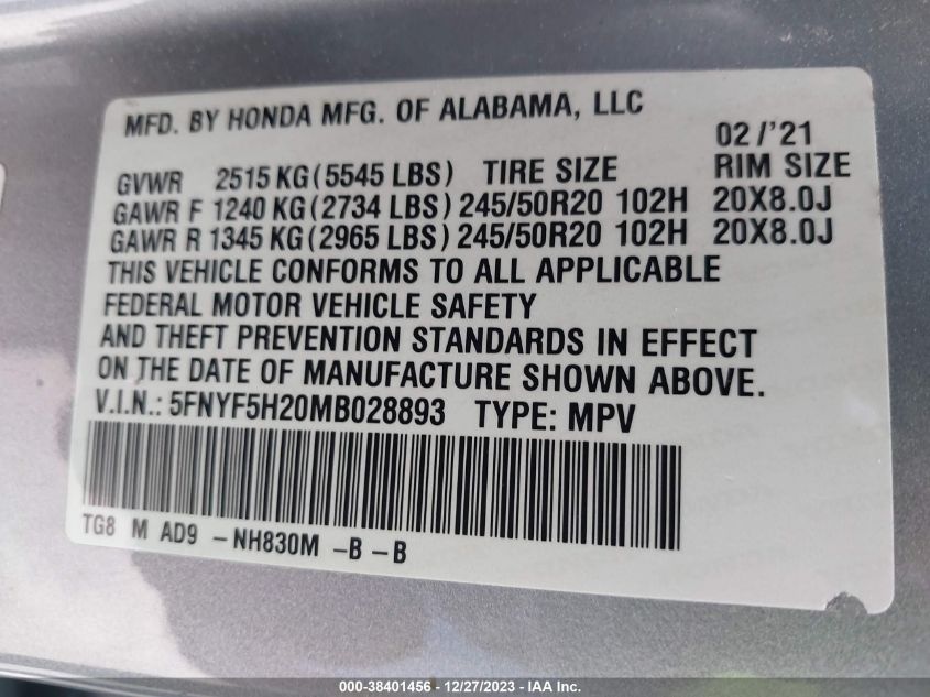 2021 HONDA PILOT 2WD SPECIAL EDITION - 5FNYF5H20MB028893
