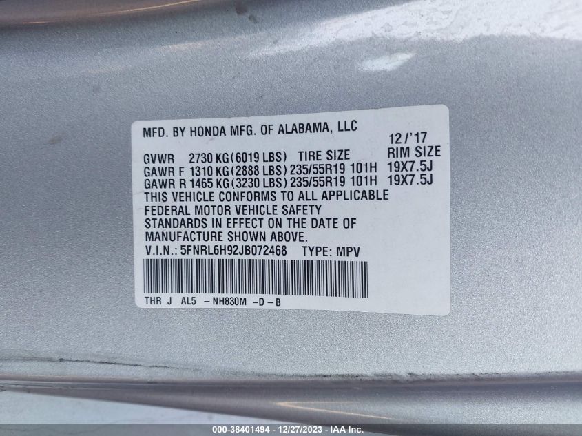 2018 HONDA ODYSSEY ELITE - 5FNRL6H92JB072468