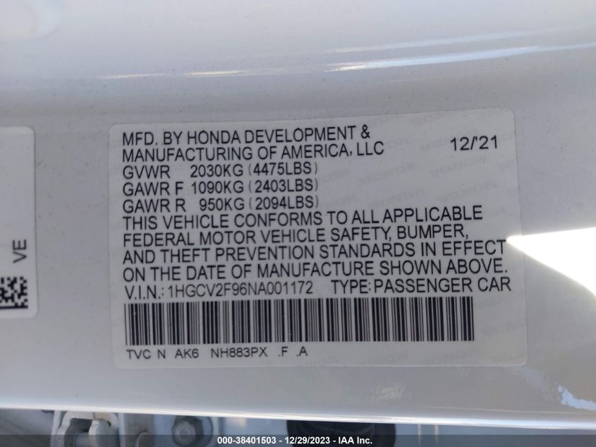 2022 HONDA ACCORD TOURING - 1HGCV2F96NA001172