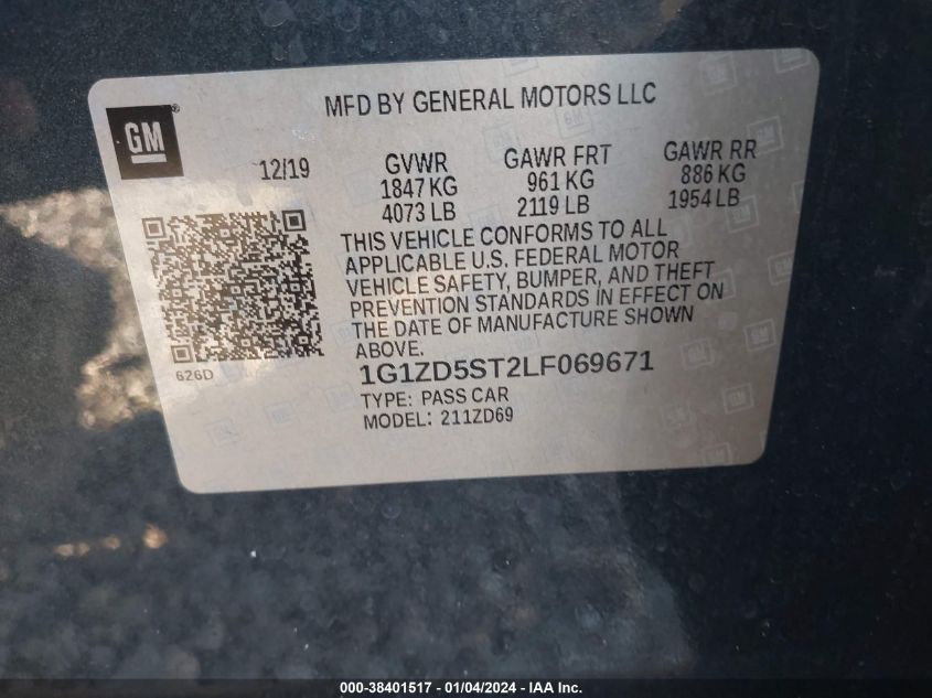 2020 CHEVROLET MALIBU LT - 1G1ZD5ST2LF069671