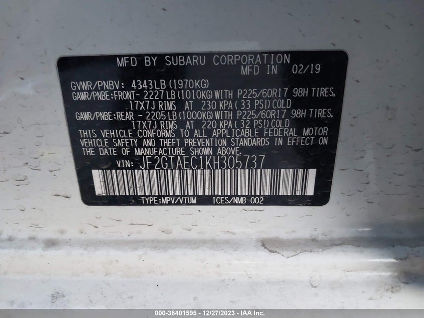 VIN JF2GTAEC1KH305737 2019 SUBARU CROSSTREK 2.0I PREMIUM