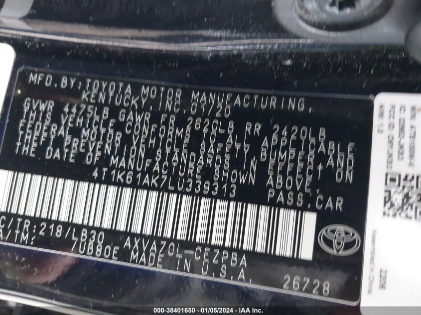 2020 TOYOTA CAMRY XSE - 4T1K61AK7LU339313