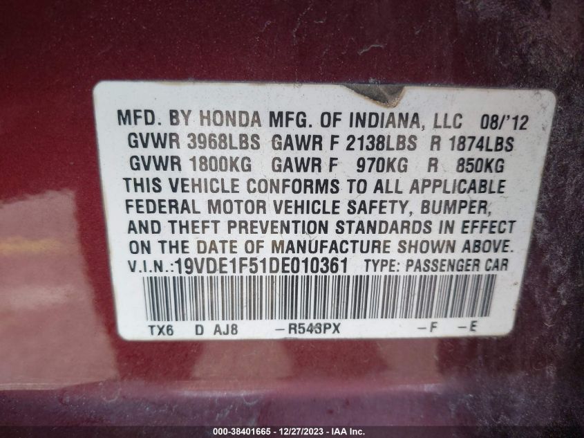 2013 ACURA ILX 2.0L - 19VDE1F51DE010361
