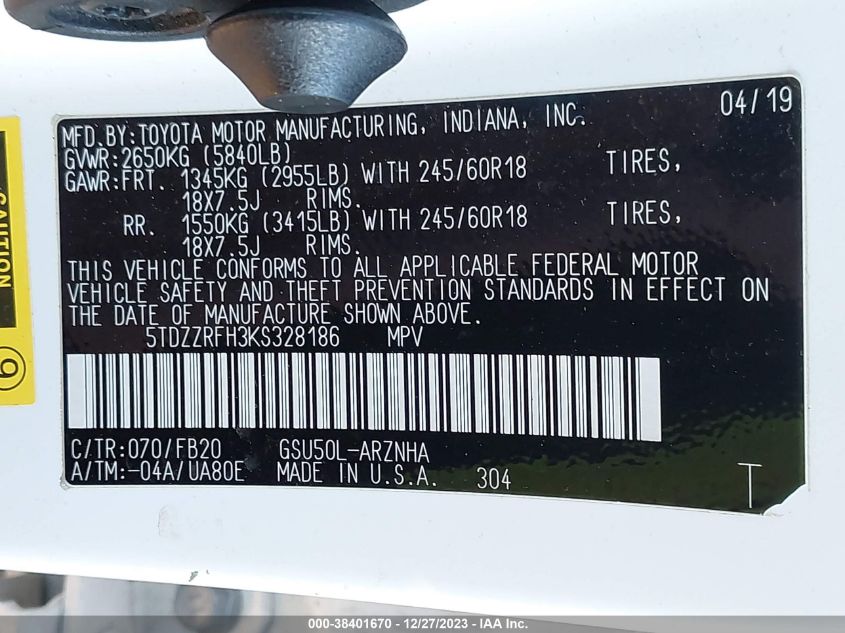 2019 TOYOTA HIGHLANDER LE/LE PLUS - 5TDZZRFH3KS328186