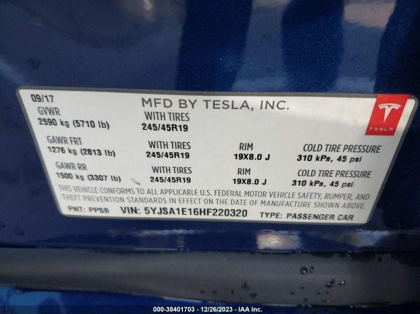 2017 TESLA MODEL S 60/75 - 5YJSA1E16HF220320