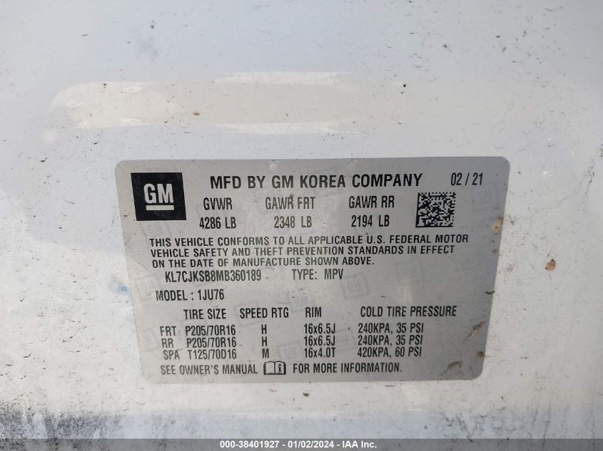 2021 CHEVROLET TRAX LS - KL7CJKSB8MB360189