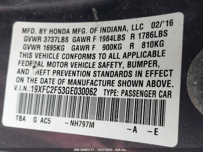 2016 HONDA CIVIC LX - 19XFC2F53GE030062