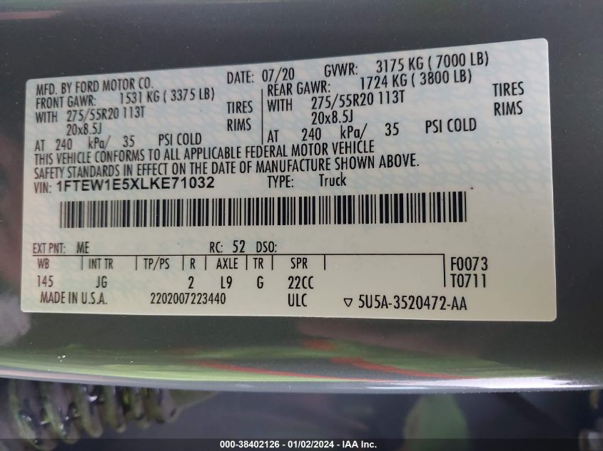 2020 FORD F-150 XL - 1FTEW1E5XLKE71032