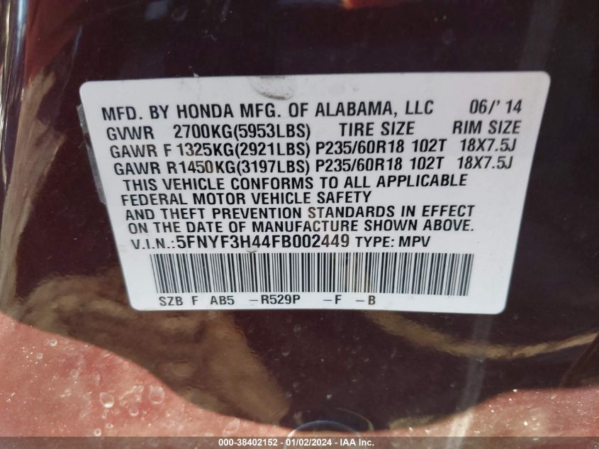 2015 HONDA PILOT EX - 5FNYF3H44FB002449