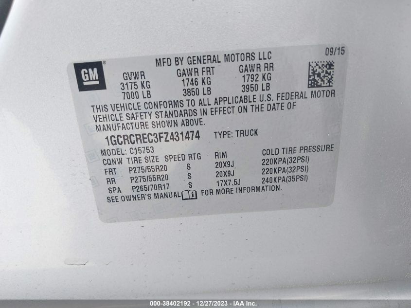2015 CHEVROLET SILVERADO 1500 C1500 LT - 1GCRCREC3FZ431474