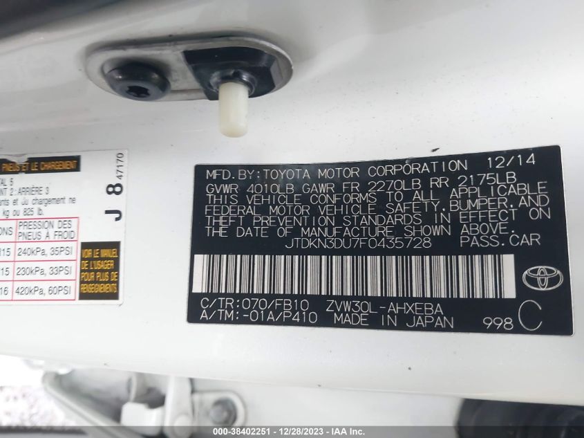 2015 TOYOTA PRIUS - JTDKN3DU7F0435728