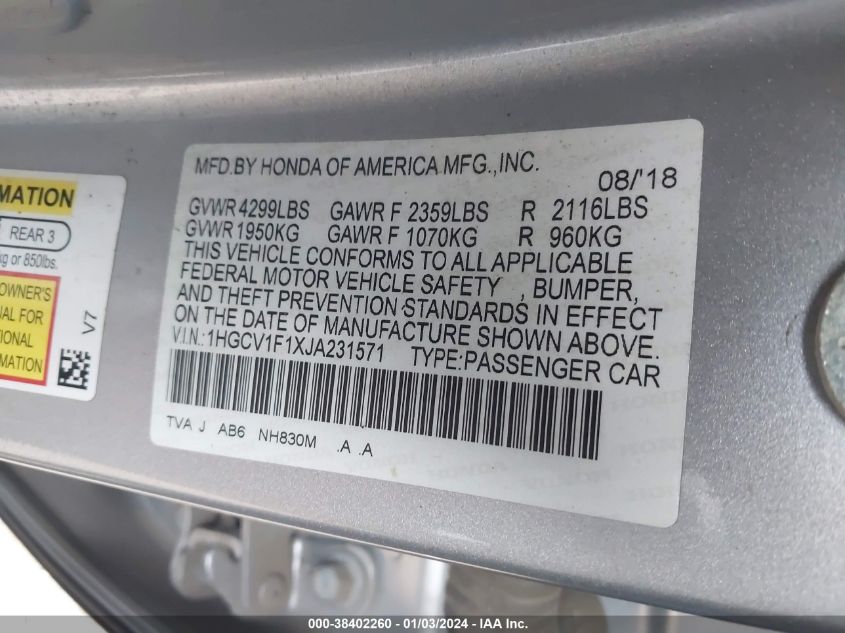 2018 HONDA ACCORD LX - 1HGCV1F1XJA231571