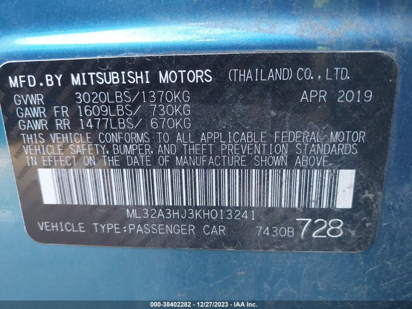 2019 MITSUBISHI MIRAGE ES/RF - ML32A3HJ3KH013241
