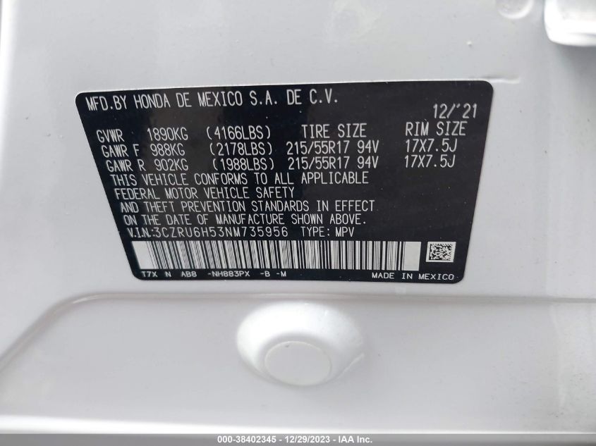 2022 HONDA HR-V AWD EX - 3CZRU6H53NM735956