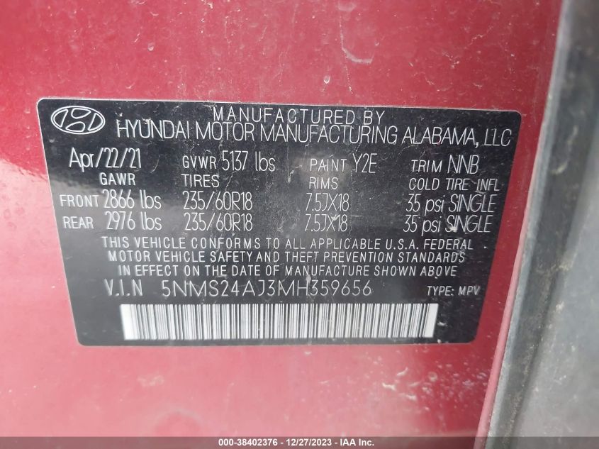 2021 HYUNDAI SANTA FE SEL - 5NMS24AJ3MH359656