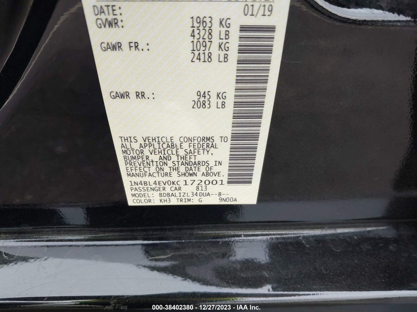 VIN 1N4BL4EV0KC172001 2019 NISSAN ALTIMA SL