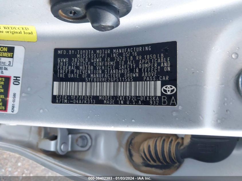 2016 TOYOTA COROLLA S PLUS - 5YFBURHE2GP511565
