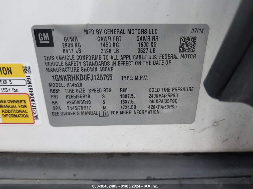 2015 CHEVROLET TRAVERSE LT - 1GNKRHKD0FJ125765