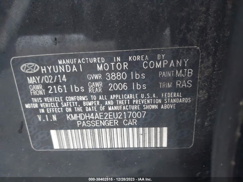 2014 HYUNDAI ELANTRA SE/SPORT/LIMITED - KMHDH4AE2EU217007