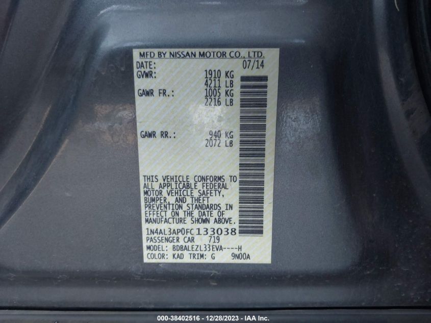 2015 NISSAN ALTIMA 2.5/S/SV/SL - 1N4AL3AP0FC133038