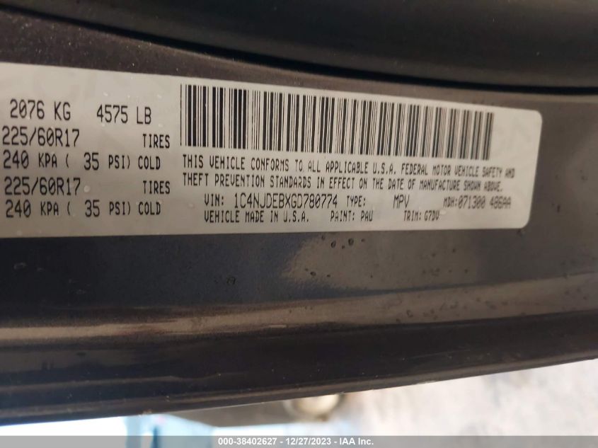2016 JEEP COMPASS LATITUDE - 1C4NJDEBXGD780774