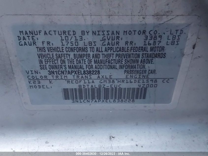 2014 NISSAN VERSA 1.6 SV - 3N1CN7APXEL838228
