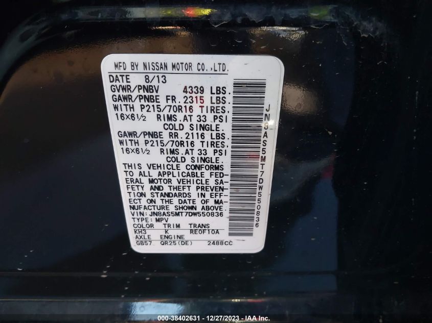 2013 NISSAN ROGUE S - JN8AS5MT7DW550836