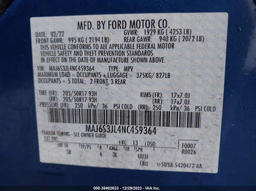 2022 FORD ECOSPORT SES - MAJ6S3JL4NC459364