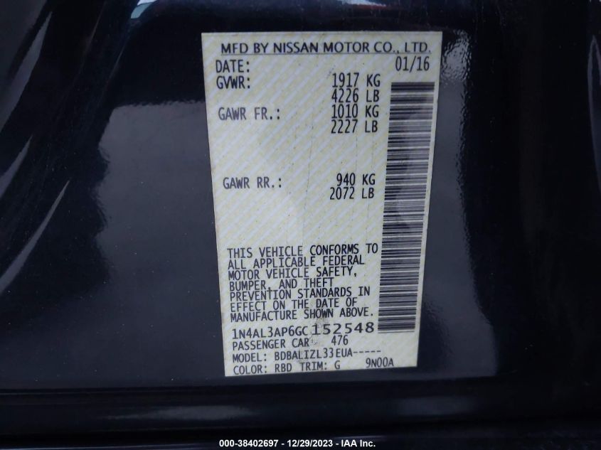 2016 NISSAN ALTIMA 2.5/2.5 S/2.5 SL/2.5 SR/2.5 SV - 1N4AL3AP6GC152548