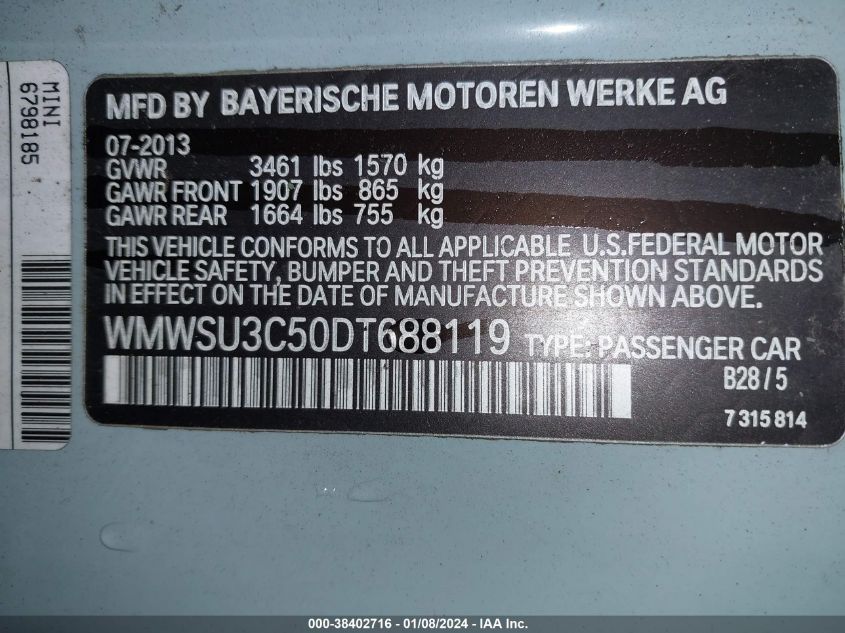 2013 MINI HARDTOP COOPER - WMWSU3C50DT688119