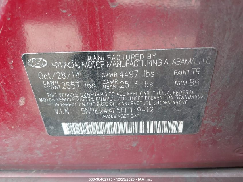 2015 HYUNDAI SONATA SE - 5NPE24AF5FH119412