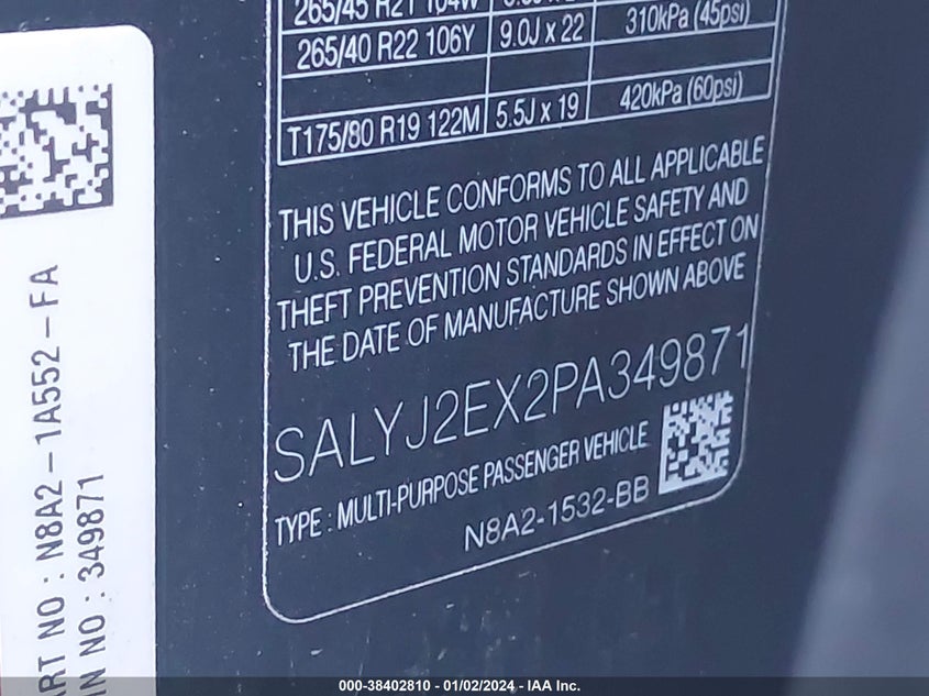 VIN SALYJ2EX2PA349871 2023 LAND ROVER RANGE ROVER VELAR P250 S