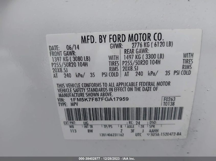 2015 FORD EXPLORER LIMITED - 1FM5K7F87FGA17959