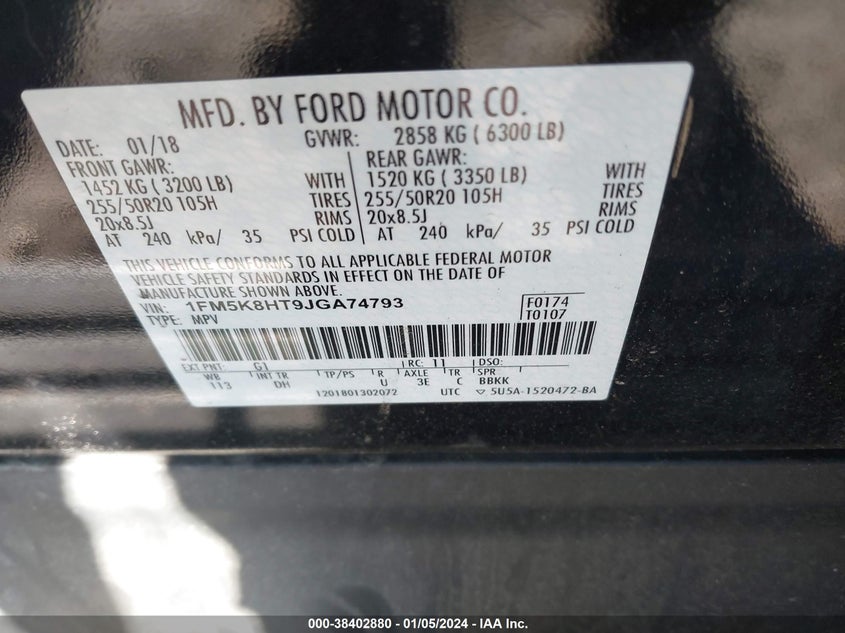 VIN 1FM5K8HT9JGA74793 2018 FORD EXPLORER PLATINUM