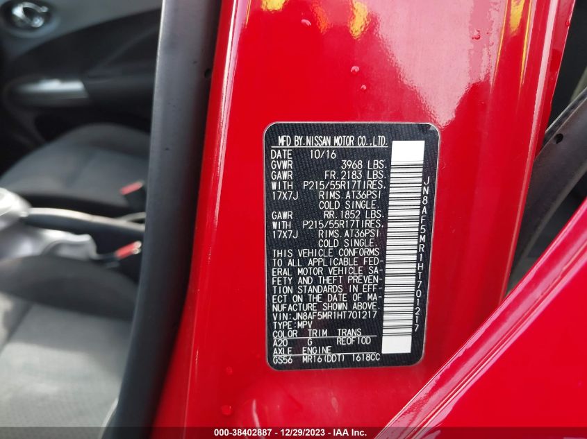 2017 NISSAN JUKE SV - JN8AF5MR1HT701217