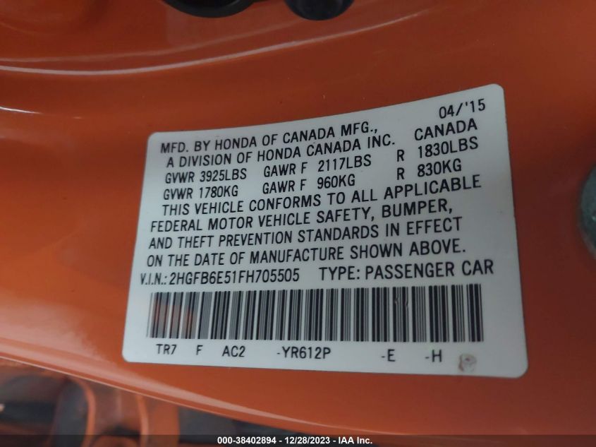 2015 HONDA CIVIC SI - 2HGFB6E51FH705505