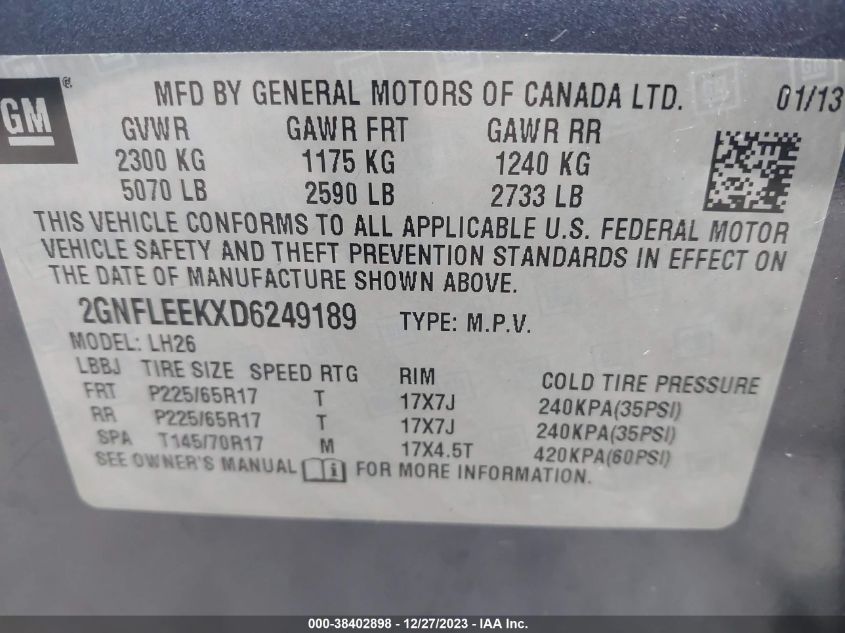 2013 CHEVROLET EQUINOX 1LT - 2GNFLEEKXD6249189