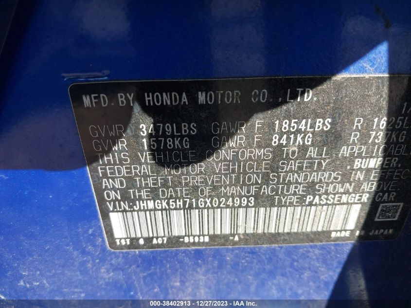2016 HONDA FIT EX/EXL - JHMGK5H71GX024993
