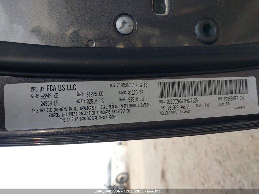 VIN 2C3CDZAG7KH677129 2019 DODGE CHALLENGER SXT