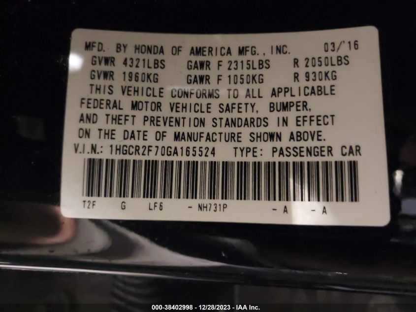 2016 HONDA ACCORD EX - 1HGCR2F70GA165524