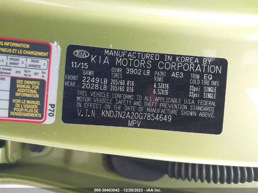 2016 KIA SOUL - KNDJN2A20G7854649
